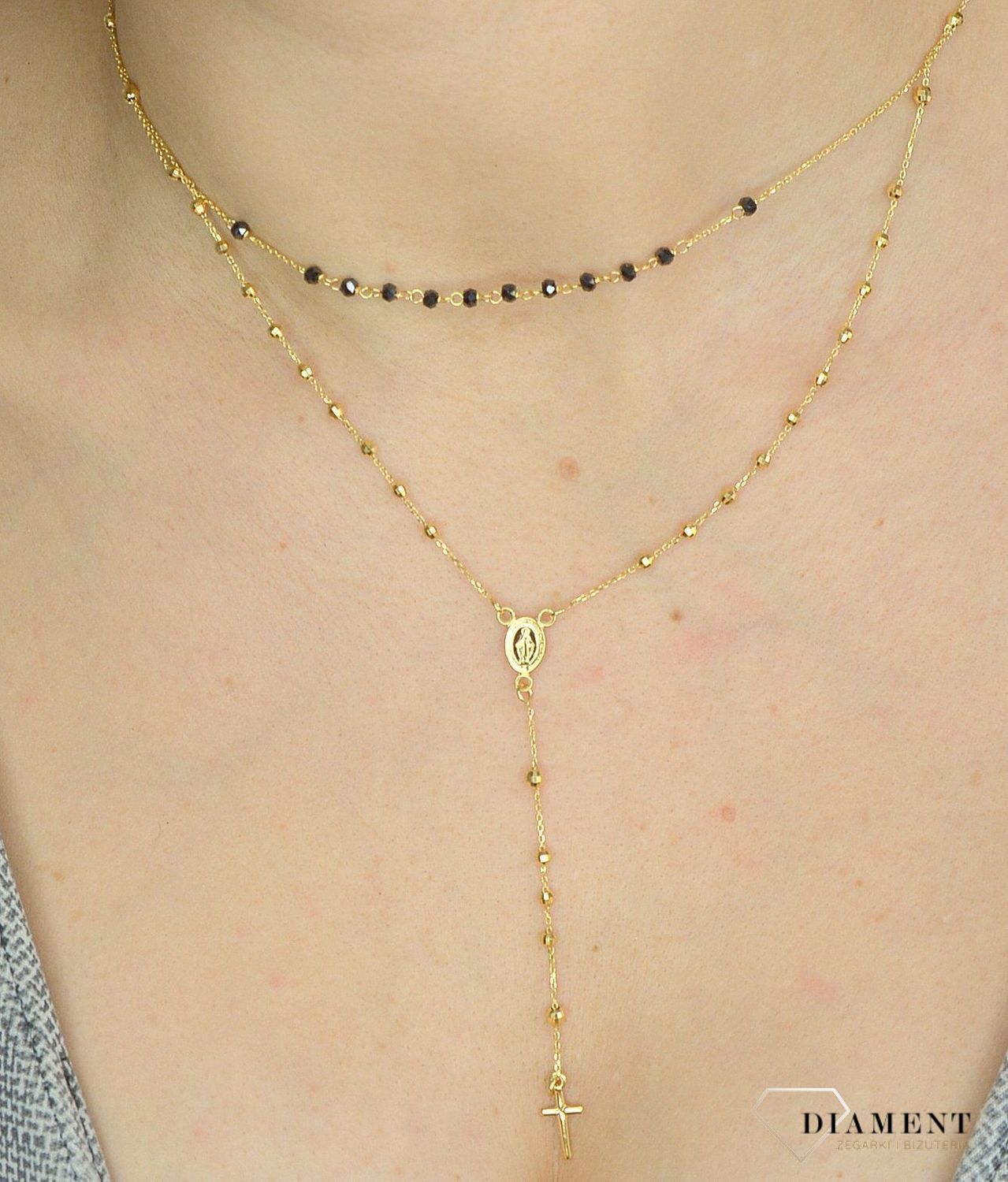 Złoty naszyjnik damski 585 różaniec i czarne koraliki NA 1135 585.jpg